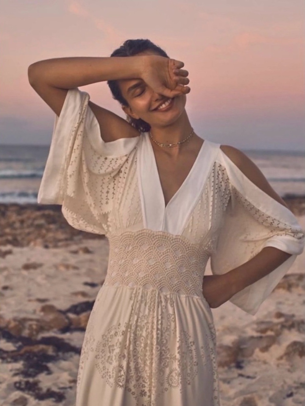 Farm Rio Solana Ivory Lacer Cut Bell Sleeve Midi Dress SMALL